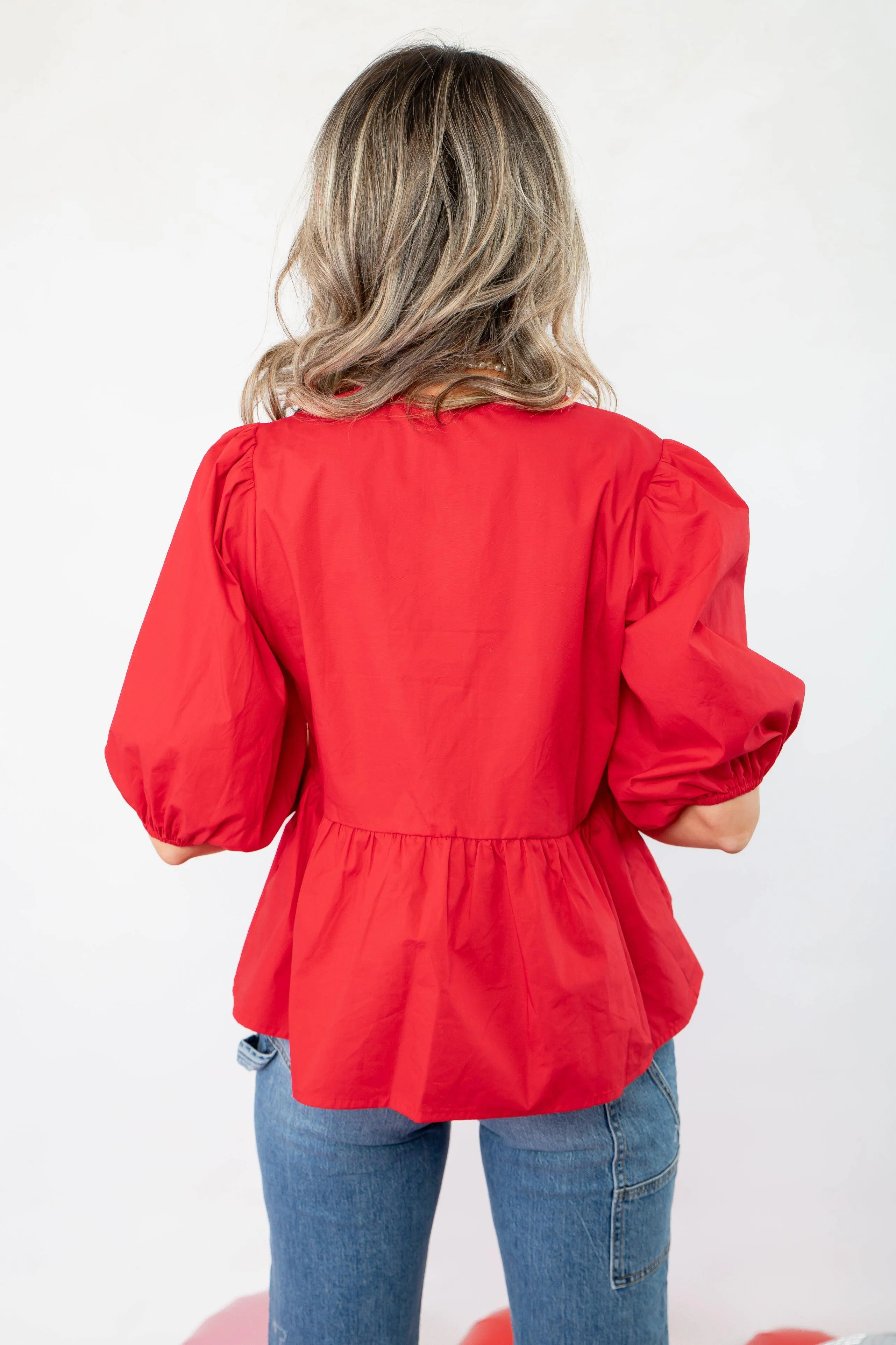 Better In Red Puff Sleeve Bow Front Blouse