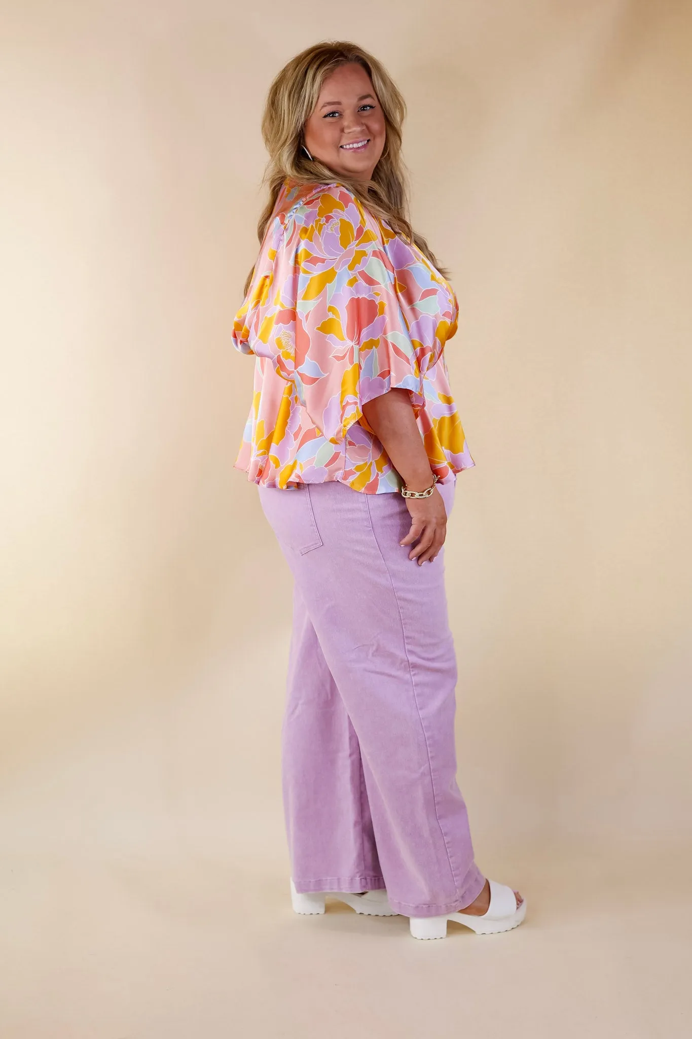 Hear the Music Drop Sleeve Satin Mosaic Print V Neck Peplum Top in Coral Pink Mix