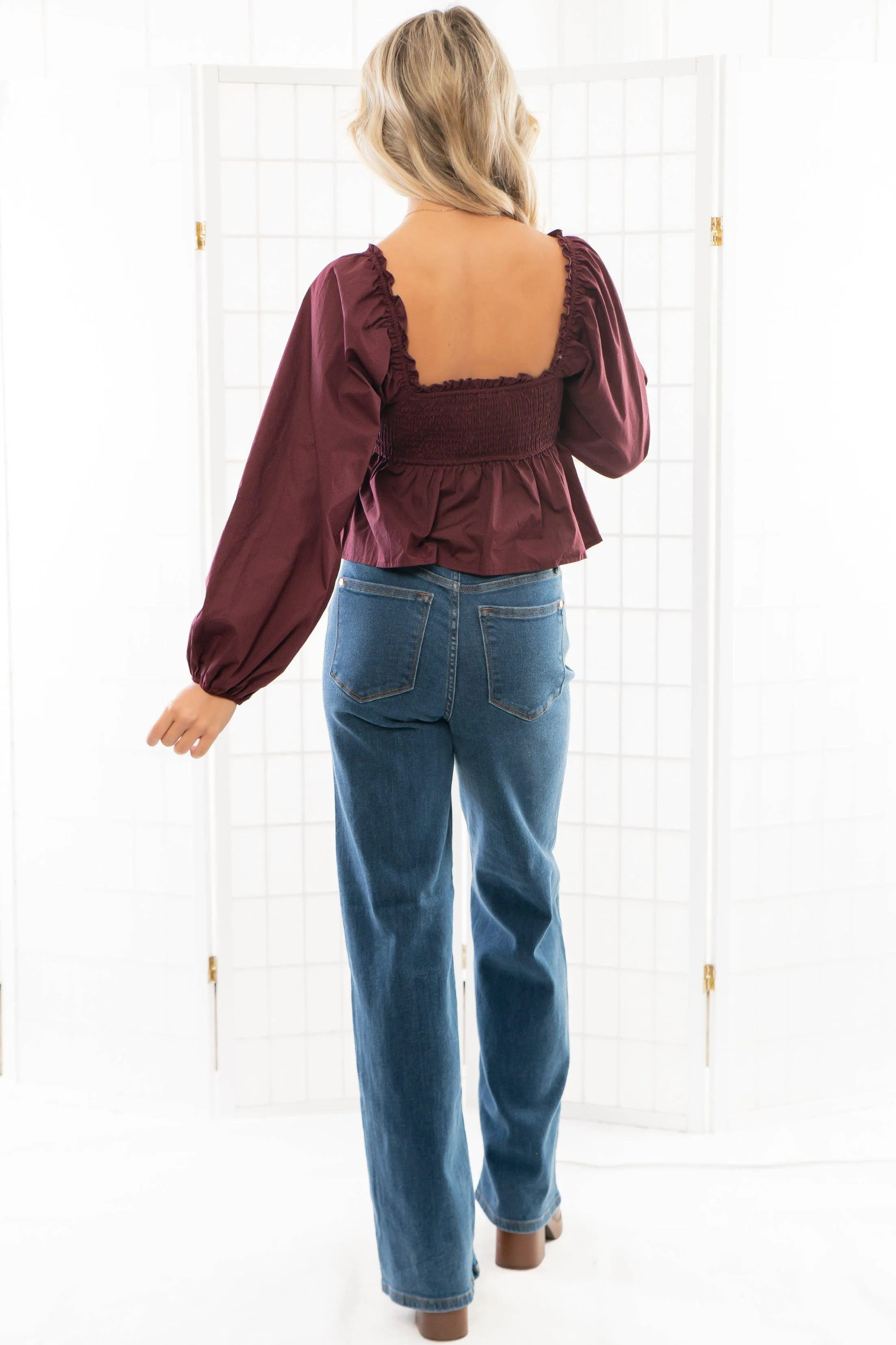 Nora Burgundy Square Neck Smocked Top