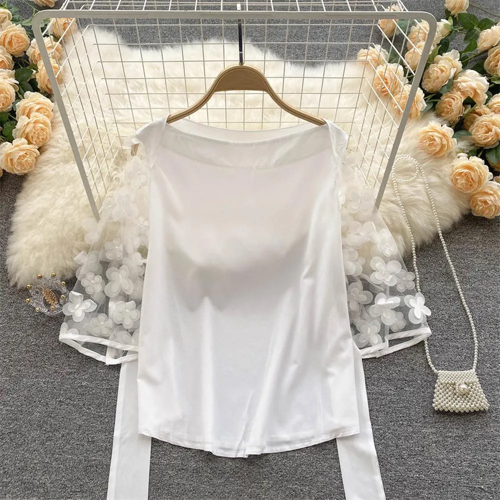 Women Mesh Sleeves Waist Thin Chiffon Blouse